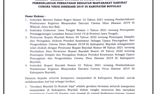 SE _Gerakan Boyolali di Rumah Saja_ 11 & 18 Juli 2021